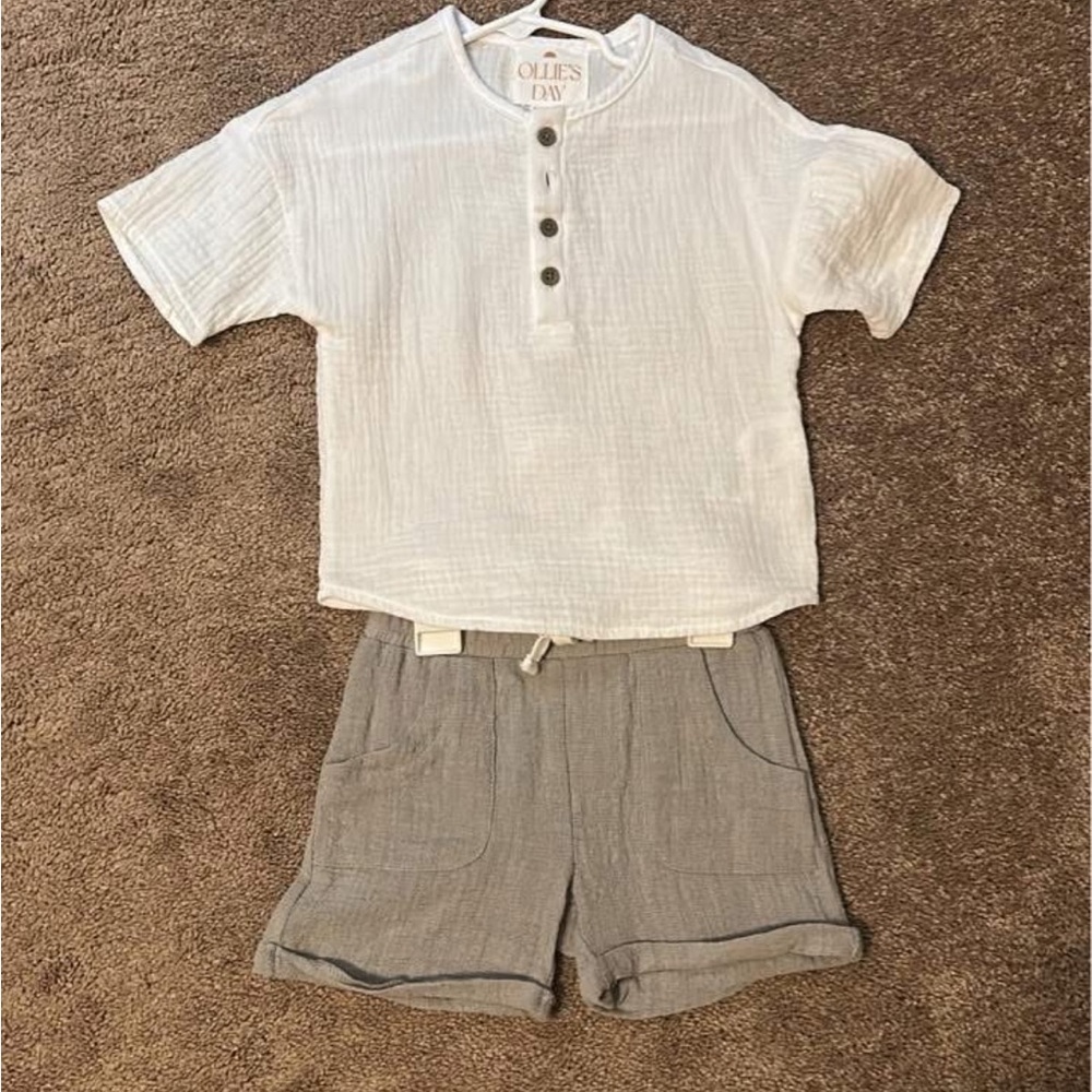 White and Gray Button-Up Shirt and Shorts Set